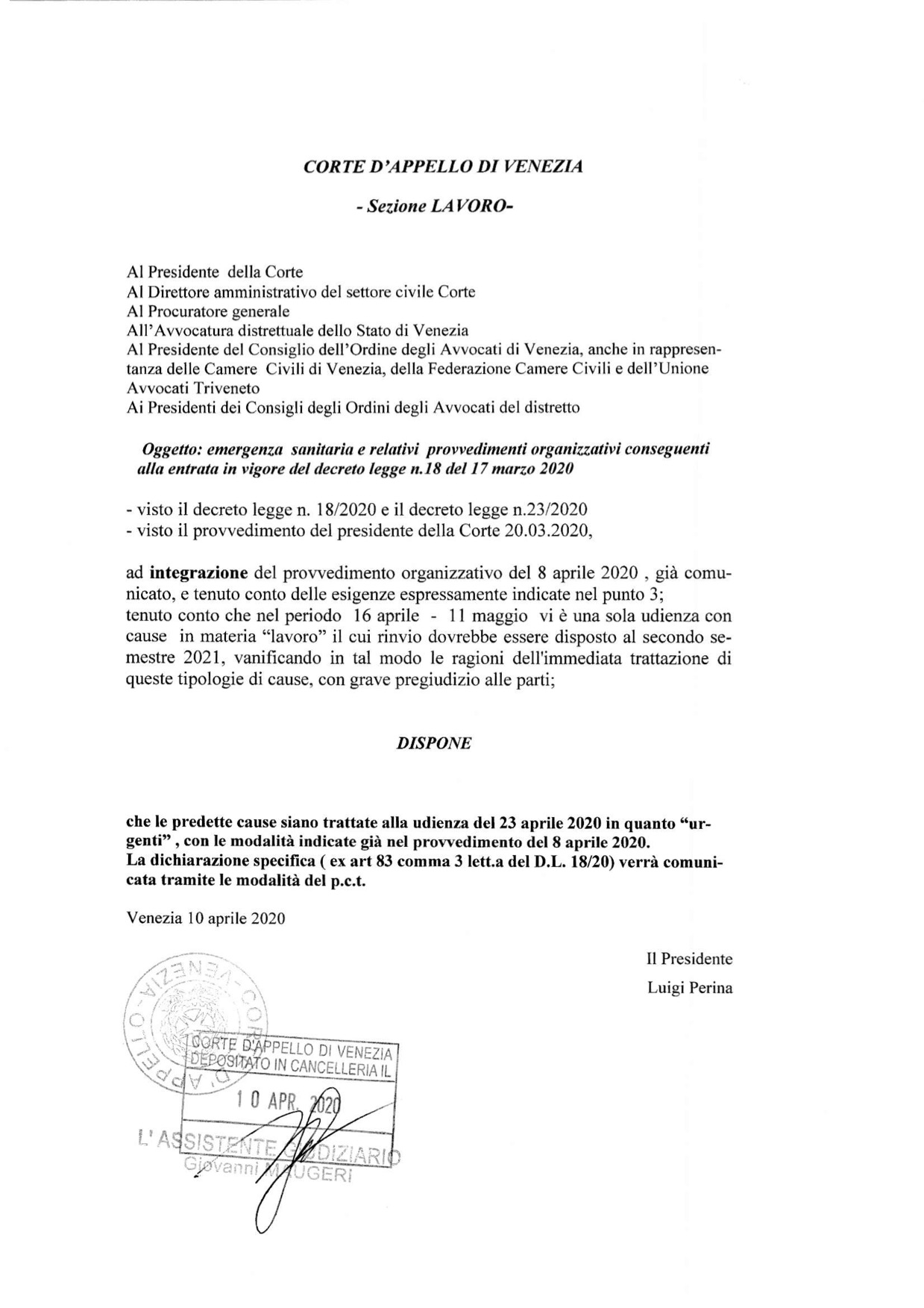 Provvedimento Presidente Corte d'Appello di Venezia Sezione Lavoro 10.04.2020 -Integrazione del provvedimento organizzativo del 8 aprile 2020